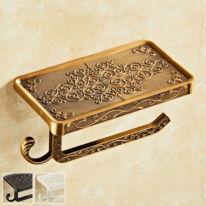 

Черный держатель для туалетной бумаги Tuqiu, антикварный держатель для туалетной бумаги для ванной комнаты, алюминиевый держатель для рулона бумаги с полкой для хранения телефона