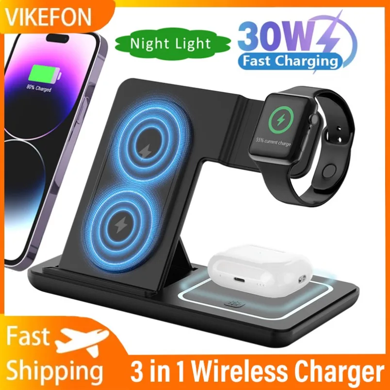 

Беспроводное зарядное устройство 3 в 1, станция быстрой зарядки, складная ночная подставка со светодиодной подсветкой для iPhone, Samsung, Apple Watch 2-8 SE Airpods Pro