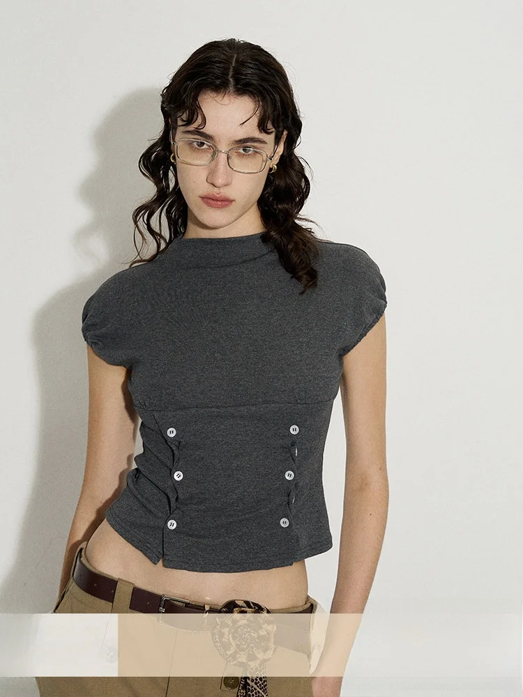 

Ceci Tang Slim Fit T-irt Button up f Stand Collar Color Korean Sle Commute Print Moisture ng ort Sve