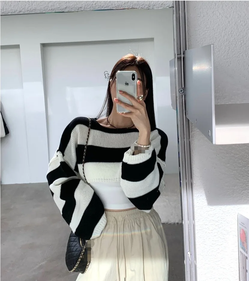 سترة قصيرة مخططة للنساء بأكمام طويلة بلوفر قصير مريح متماسك كبير الحجم للفتيات المراهقات ملابس الخريف والشتاء Y2K