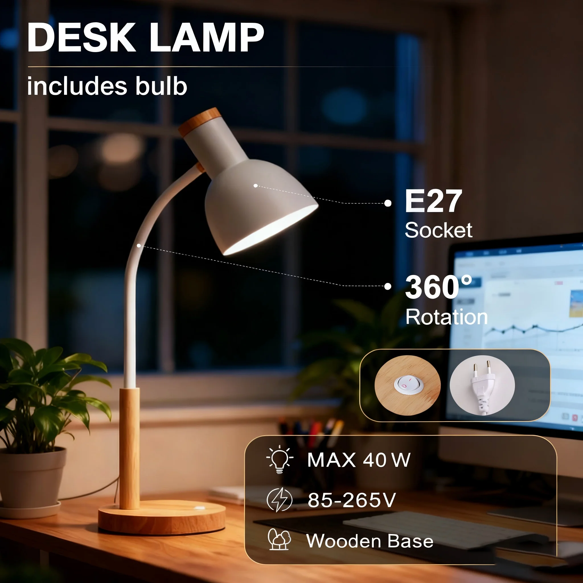 E27 LED Desk Light 110V 220V With European Plug Eye-Care Table Light for Indoor Study And Work Decorative Lighting Fixtures