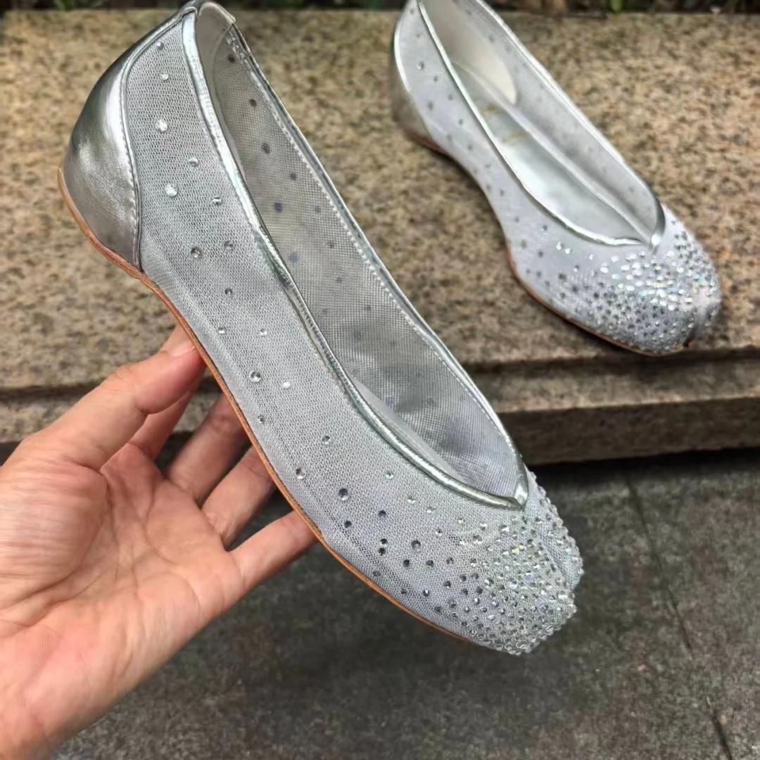 Women Silver Mesh Tabi Split Toe Flats Full Rhinestone Embellished Slip On Crystal Bridal Wedding Ballet Shoes Daily Dating Lady