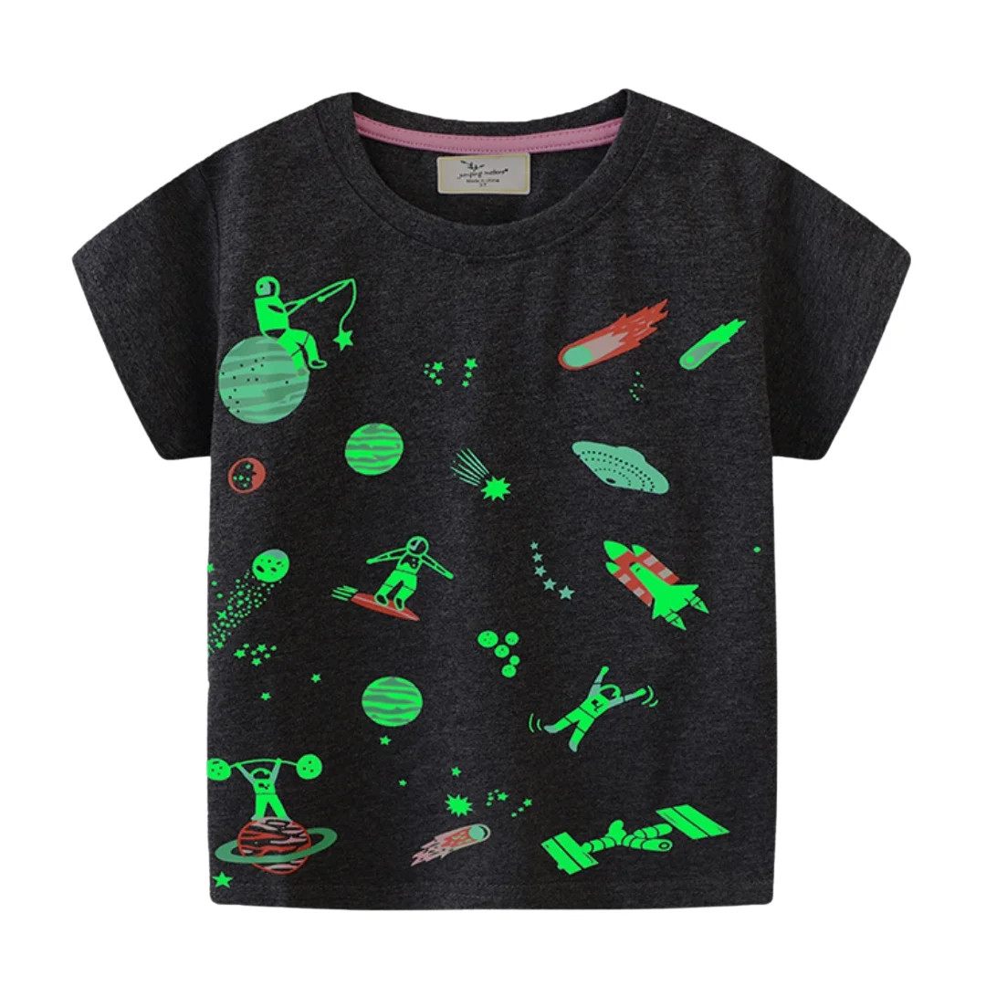 1-8yrs Boy's Glow-in-Dark Luminous T shirt for Kids Space Stars Moon Summer 100% Cotton Grey Tops Tees Clothes OKT239406