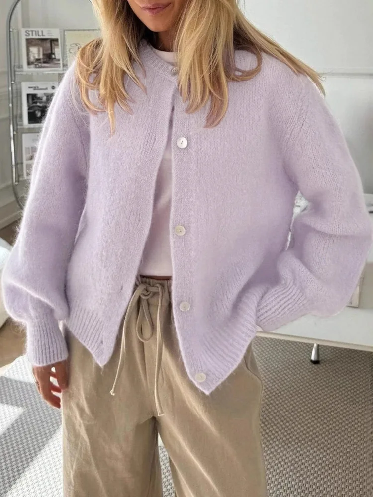 

Autumn Winter Solid Color Long Sleeve Knitted Cardigan Women 2025 Round Neck Sweater Coats
