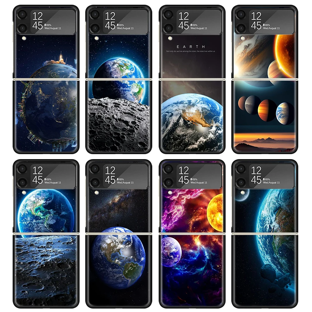 Earth Stars Space Black Phone Case For Samsung ZFlip6 ZFlip5 ZFlip4 ZFlip3 5G Hard Protective Galaxy Z Flip 3 4 5 6 Cover ZFlip5