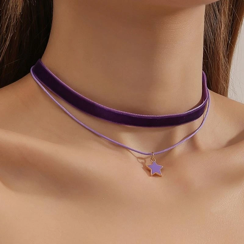 31BB Short Choker Necklace Gothic Vintage Women Neck Jewelry Multi-layer Collar Necklace with Pentagram Star Pendant