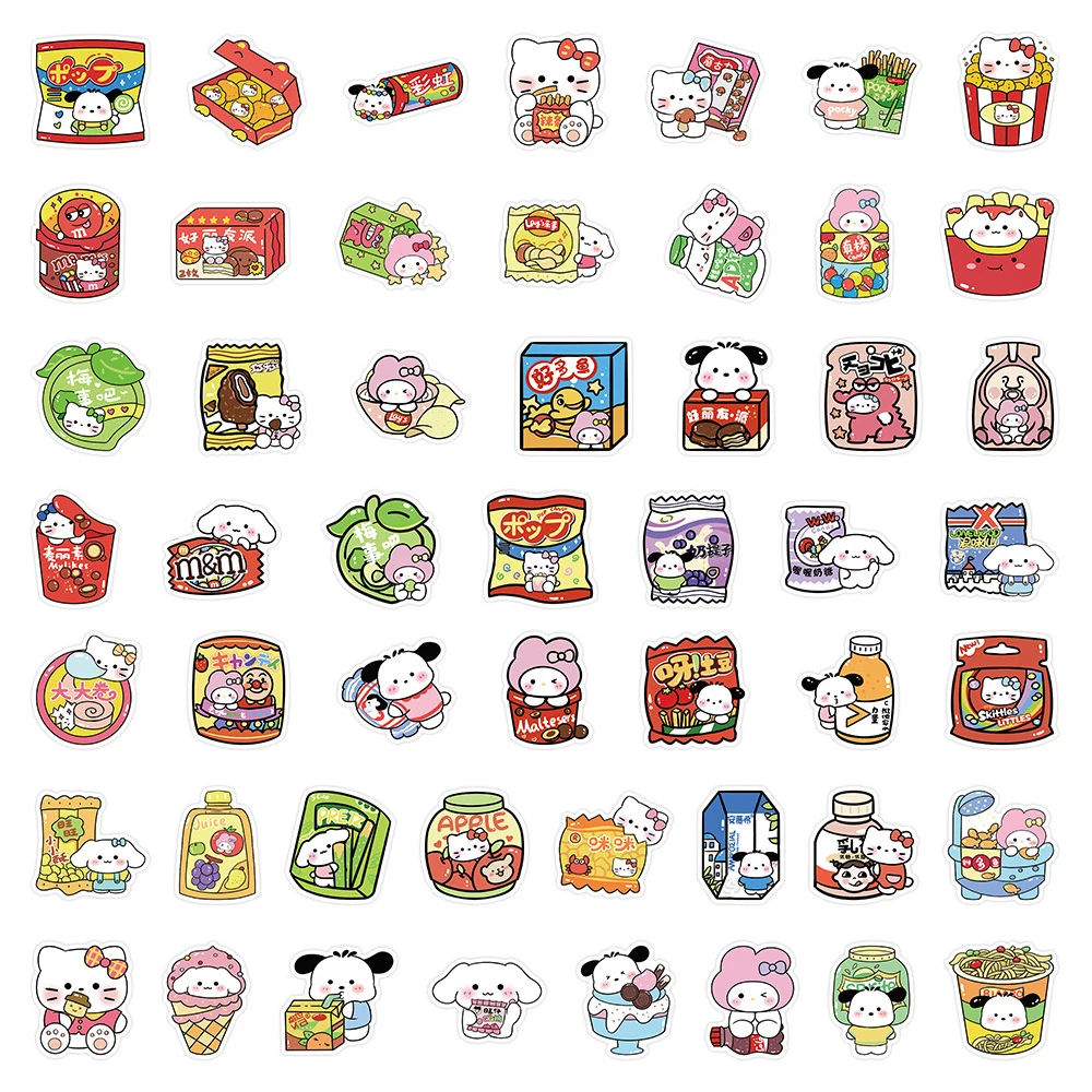 Stiker Sanrio 10/30/50 buah Kawaii kartun makanan ringan untuk mainan anak-anak DIY telepon kulkas botol air lucu Hello Kitty My Melody stiker