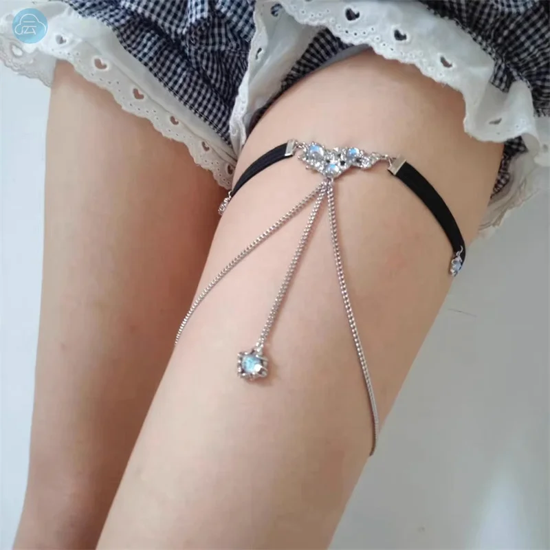 Cadena de pierna elástica con borla incrustada de ojo de gato para mujer, cadena de cuerpo de encaje personalizada creativa, joyería de moda