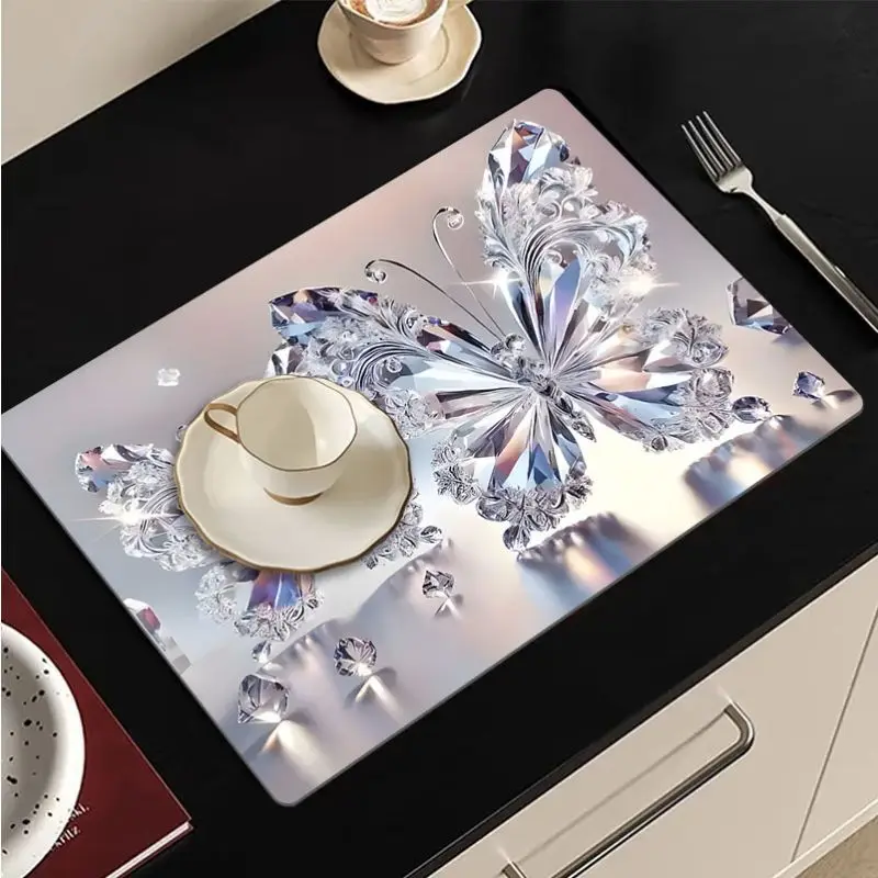 VIKAMA Crystal Gem Butterfly Washing Machine Top Mat Silver Jewel 3D Sparkle Floral Water Resistant Non Slip Kitchen Balcony