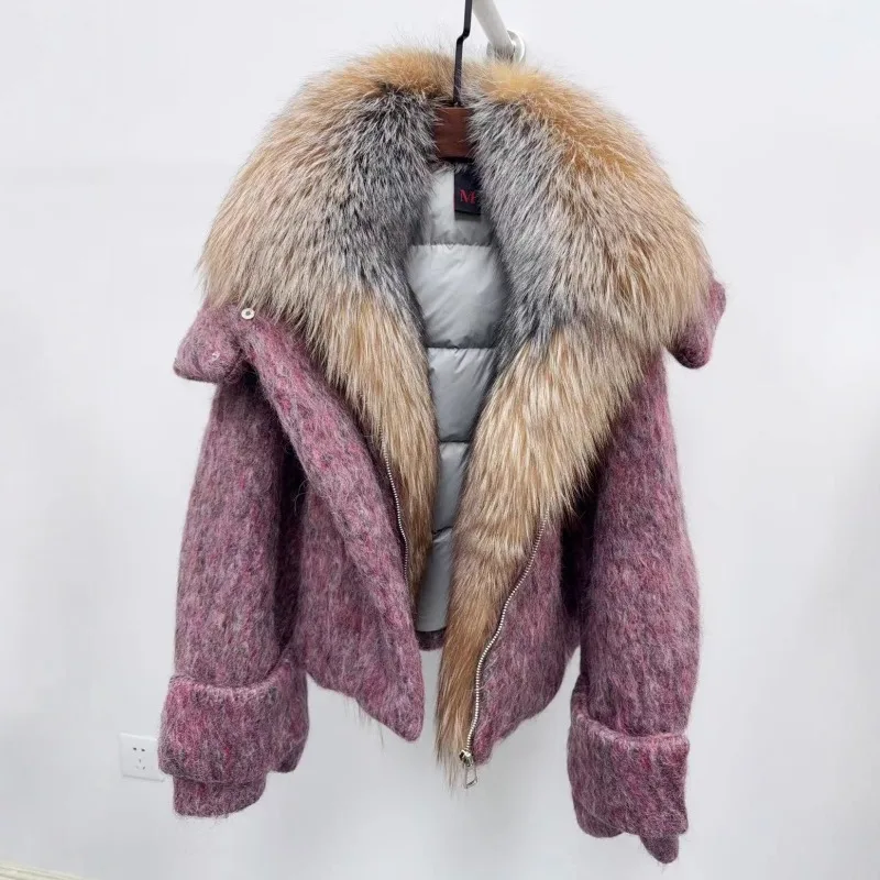 2026 Winter Fashion Wool Coat Super Thick Warm 90% Goose Down Liner Splicing Oversized Fox Fur Collar Women's Down Jacket