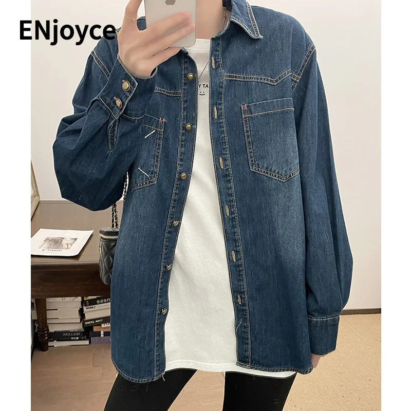 

2024 Spring Fall Women Vintage Dark Blue Denim Shirts Korean Style Casual Loose Jean Blouses Long Sleeve Top Streetwear