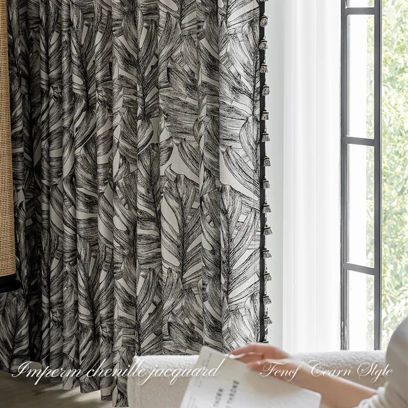 Custom Size Medieval Style Black and White Leaf Jacquard Sheer Luxury Curtains for Living Dining Room Bedroom Elegant Modern