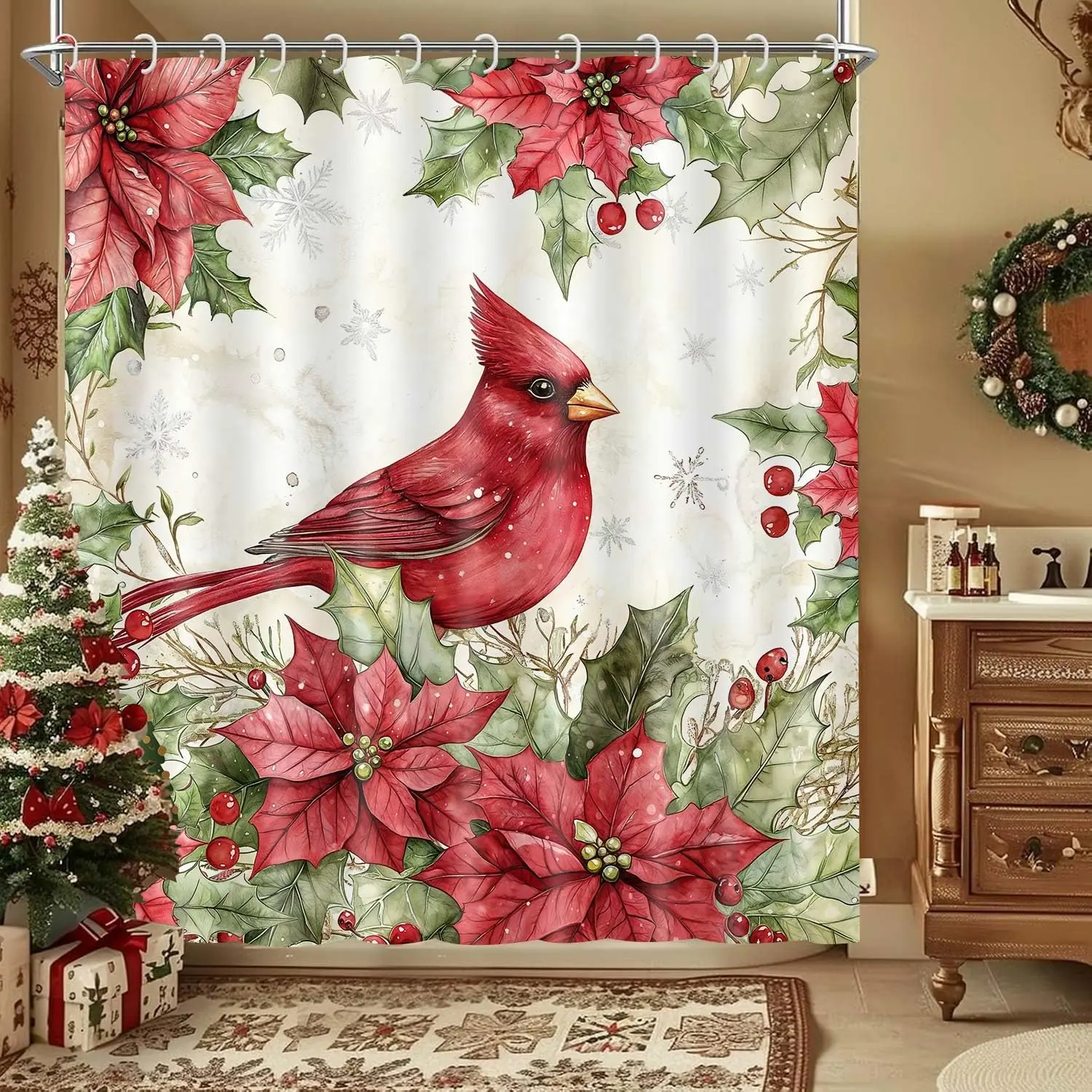 

Классическая рождественская занавеска для душа с рисунком красного кардинального пуансеттии на фоне цвета слоновой кости, водонепроницаемый праздничный декор для ванной комнаты