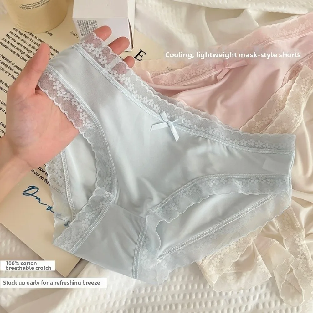 Culottes respirantes sans couture en soie glacée, taille mi-haute, avec nœud en dentelle, lingerie féminine, culottes d'été pour femme