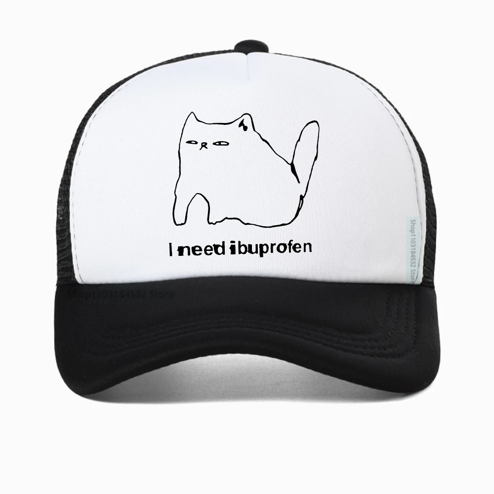 

I Need Ibuprofen Funny Cat Breathable Baseball Cap Tennis Skate mesh Trucker Hat Summer Adjustable Men women snapback hats