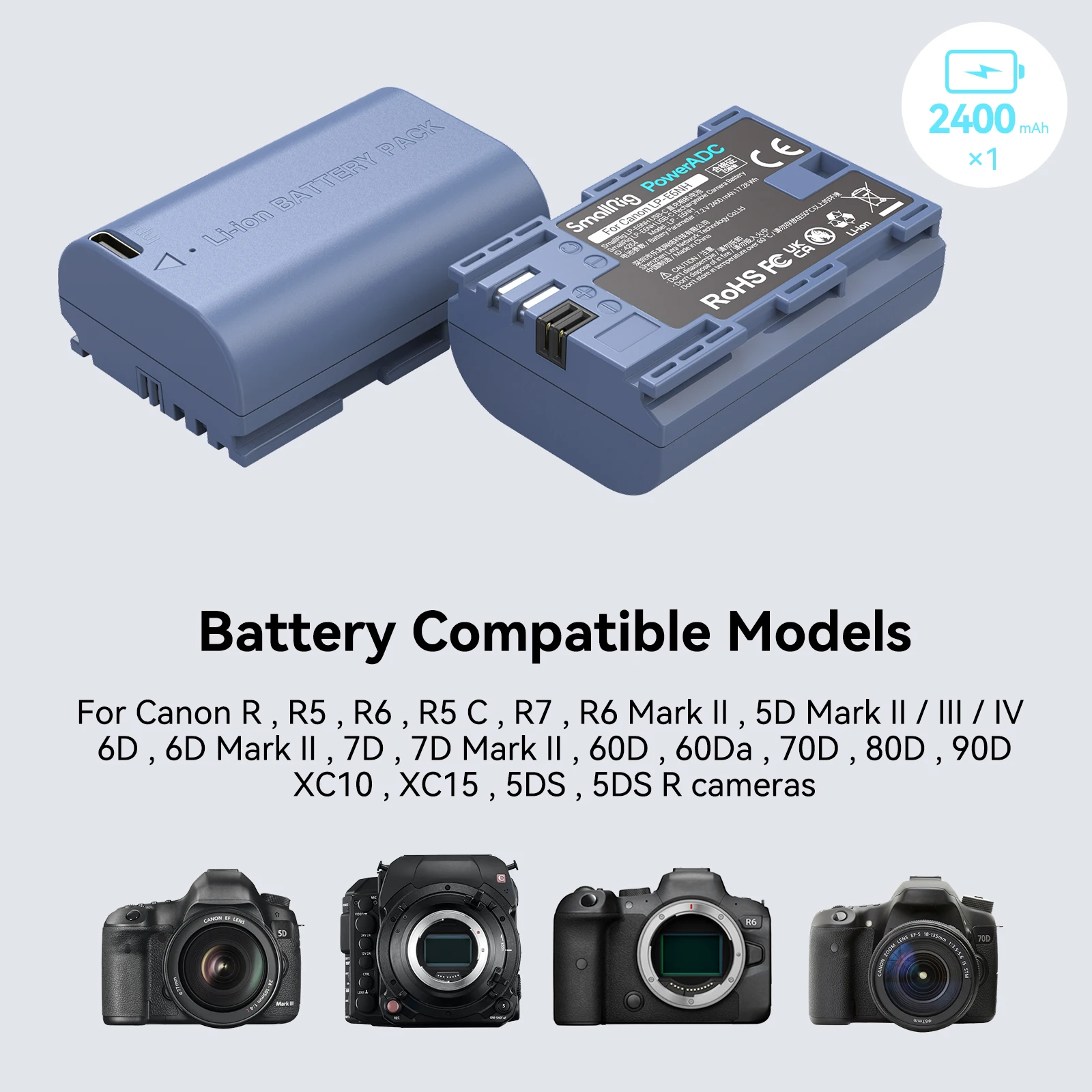 SmallRig LP-E6NH USB-C Rechargeable Camera Battery 2400mAh for Canon R6 Mark II R5 C 5D II III IV 6D 7D 60D 70D 80D 90D Camera