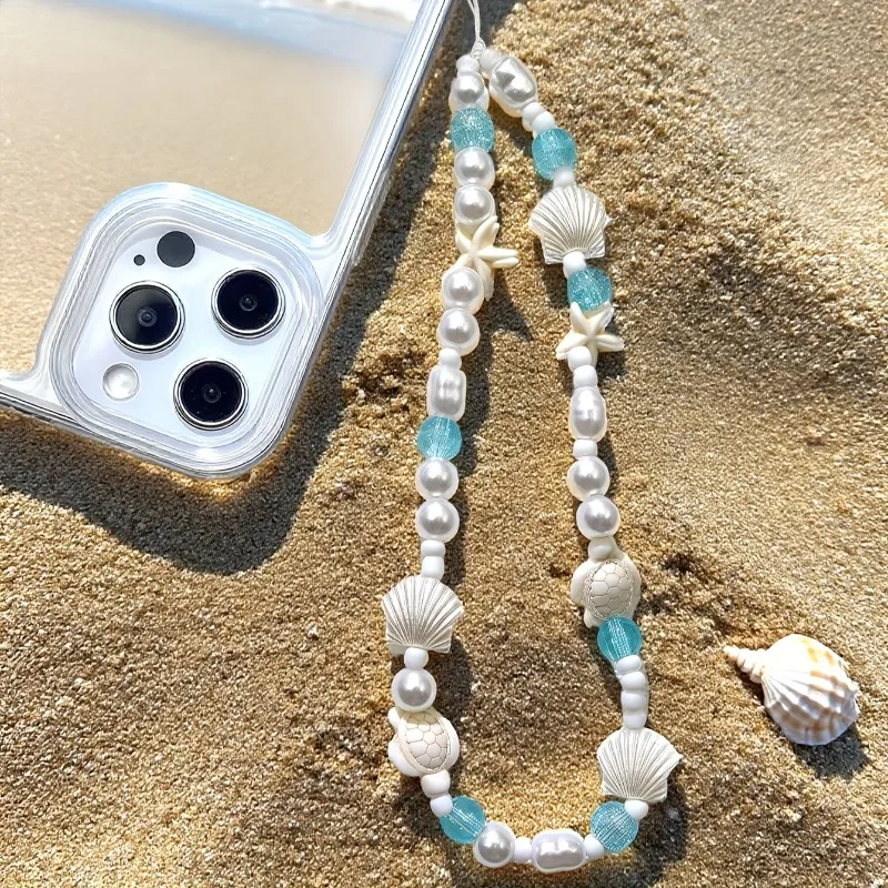 Blue Sea Star Shell Beaded Phone Chain For Phone Case Charm Strap Wrist Trendy Pendant For iPhone Samsung Universal Accessories