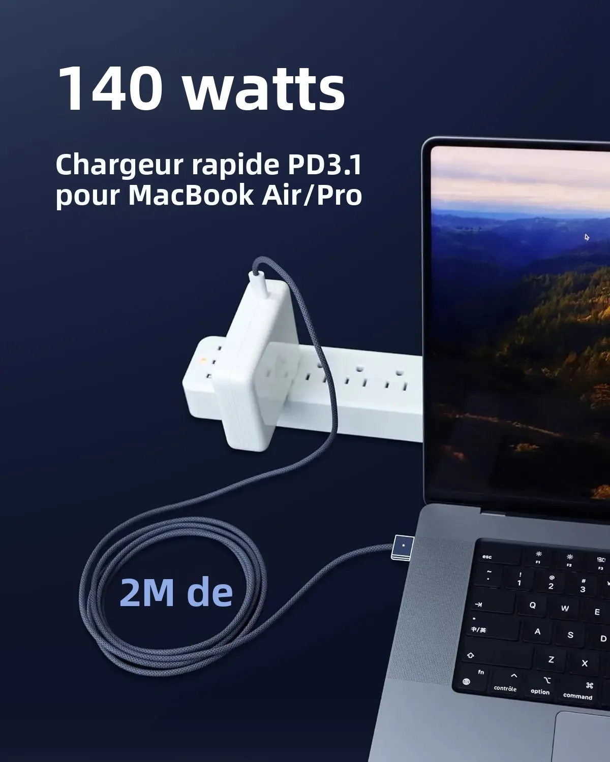 Câble USB-C vers magnétique 3 amélioré compatible avec MacBook Air/Pro (2021-2025), charge rapide 140 W, tressé 6,6 pieds, minuit