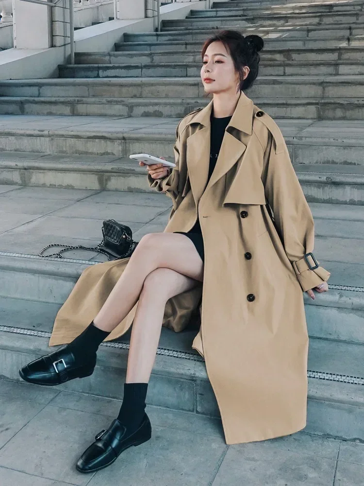 Spring Autumn Extra Long Flowy Oversized Casual Trench Coat for Women Belt Double Breasted Loose Korean Fashion 2023