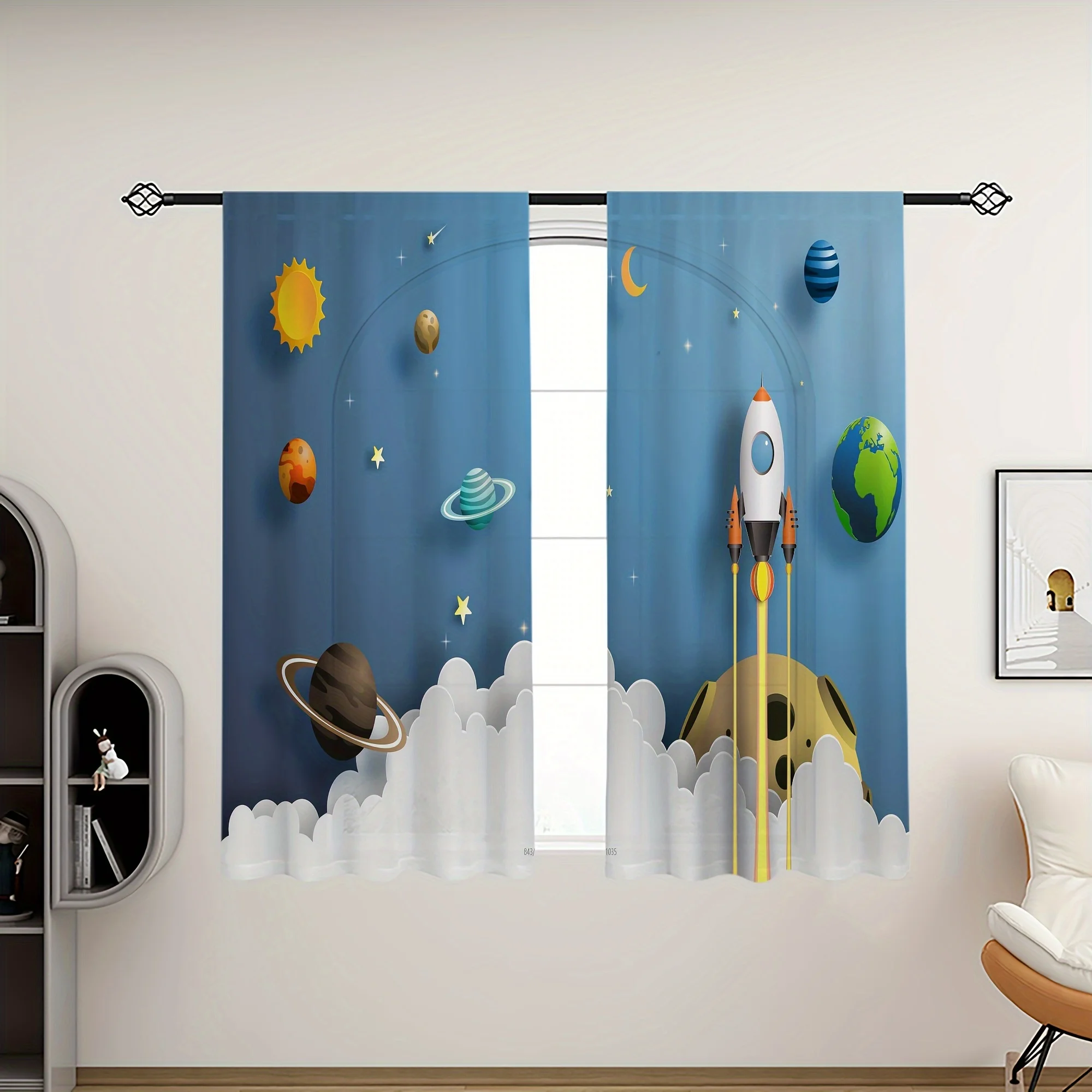 Space Galaxy Planets Kids Curtains Rocket Nursery Decor Astronomy Drapes Sun Moon Bedroom Accent Wallpaper