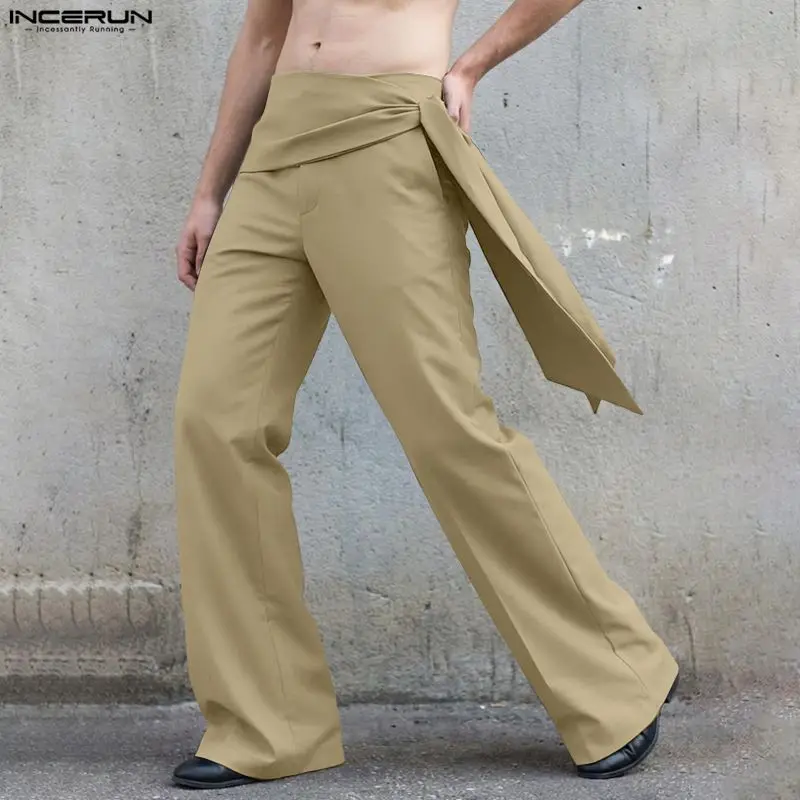 

Мужские брюки INCERUN, однотонные джоггеры с высокой талией, повседневные брюки, мужская уличная одежда, модные повседневные мужские прямые брюки на шнуровке, S-5XL