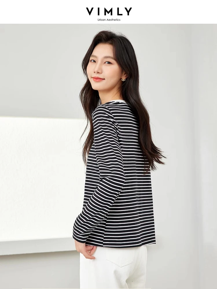 Vimly Black White Striped Basic Tees Women O-neck T-shirt Long Sleeve Top 2024 Spring Casual Pullovers Womans Clothes M5991