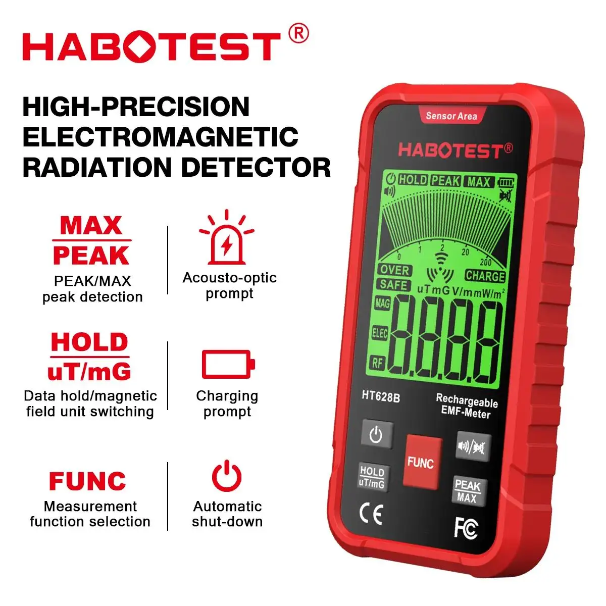 HABOTEST HT628A/628B Electromagnetic Radiation Tester Portable Handheld Portable Radio Frequency Field Tester Portable EMF Meter