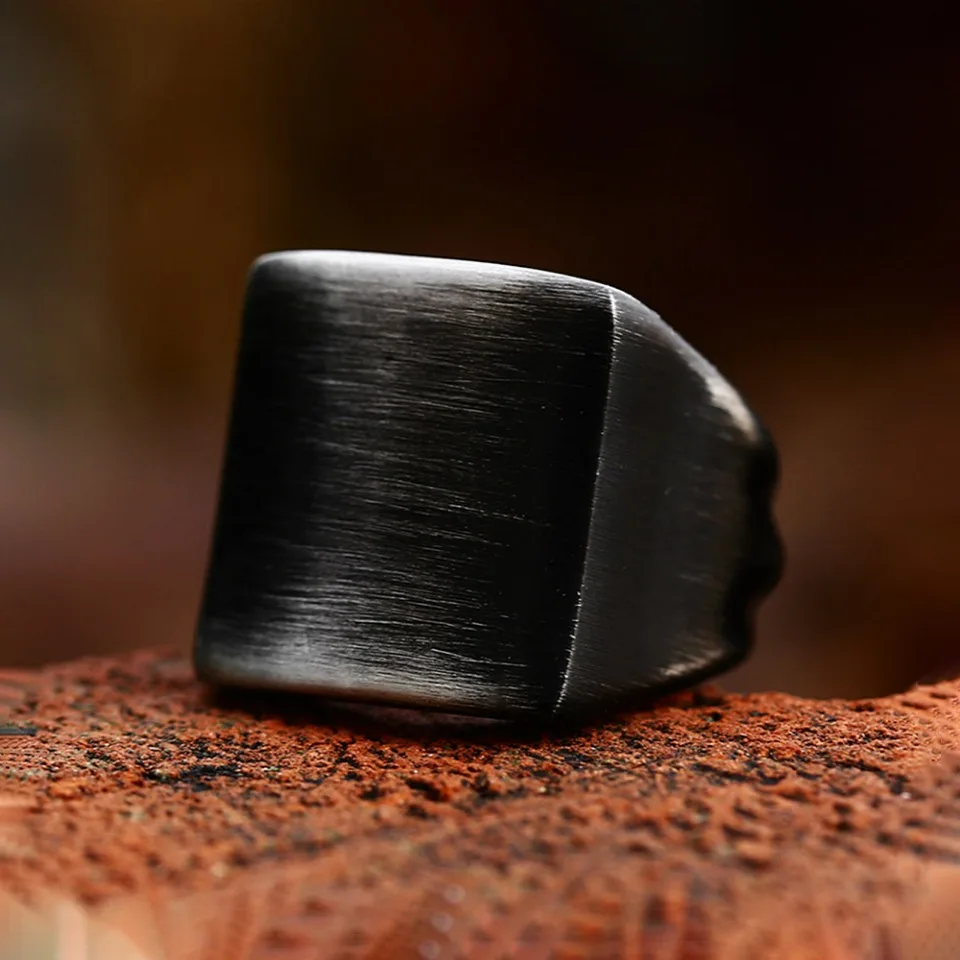 New Vintage 316L Stainless Steel Brushed Geometric Rings Punk Biker Black Rectangular Shape Ring Fashion Male Jewelry Wholesale