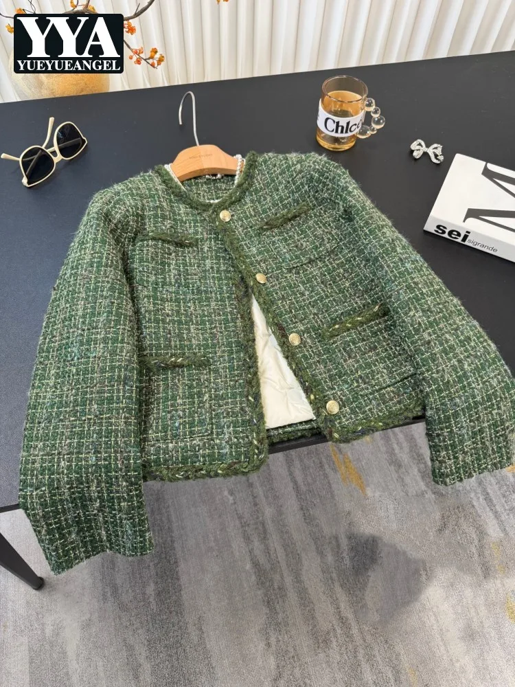 Vintage Office Lady Tweed Jacket Long Sleeve Winter Thicken Warm Woolen Down Coat Single Breasted Elegant Women Short Outerwear