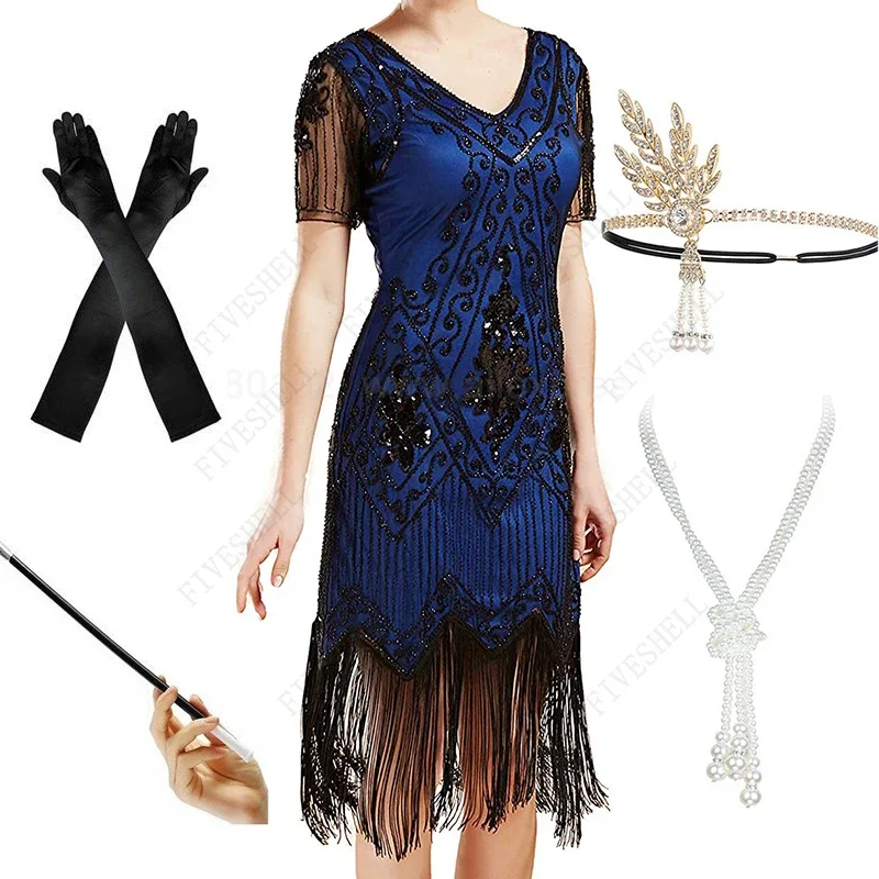 Plus Size 5xl/4xl Women's Vintage 1920s Gatsby Sequin Beaded Long Fringed Tassels Hem Flapper Dress Party Dress /Accessories Set