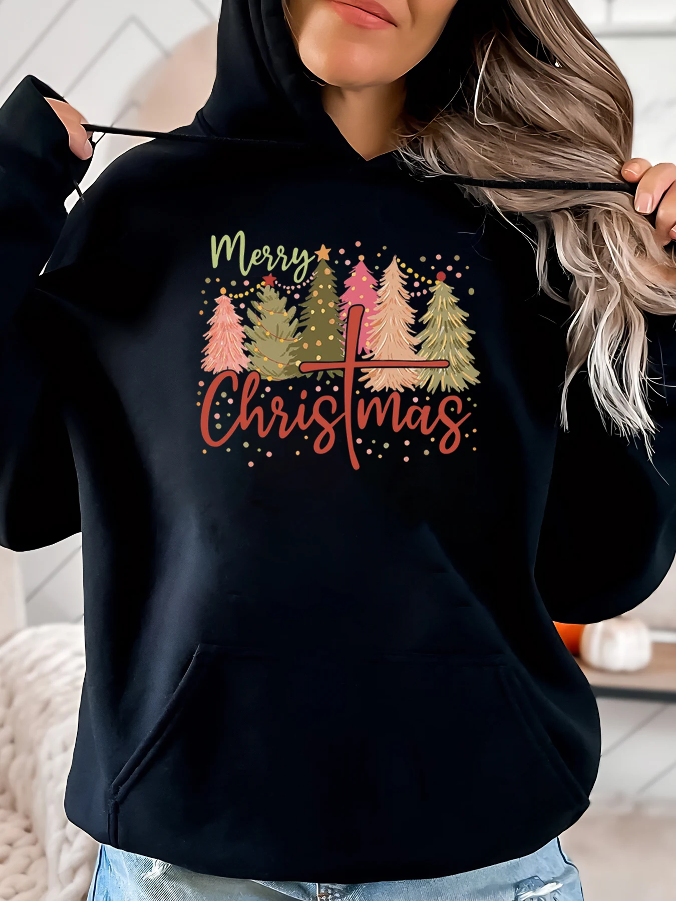 Kapuzenpullover mit Merry Christmas Tree-Print, Urlaub, Damen-Freizeitkleidung, Schwarz, Übergröße