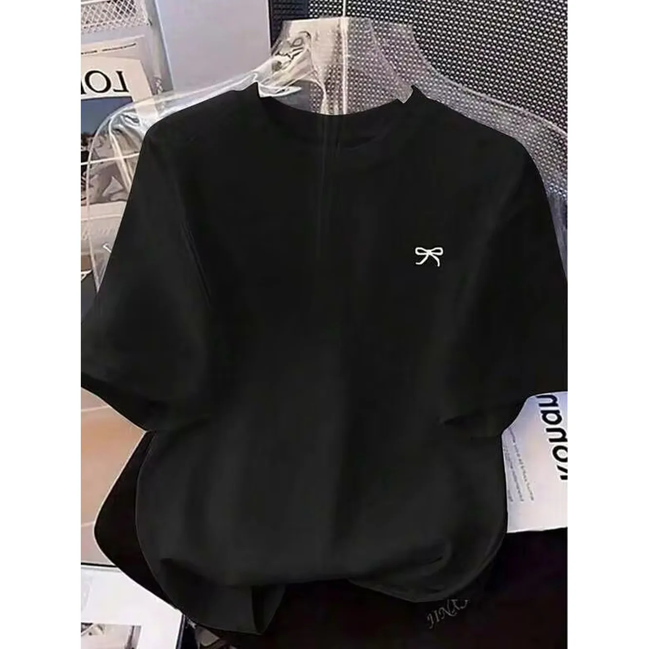 Bow Knot Graphic Print Wide Shoulder Loose Fit Short Sleeve T Shirt Casual Daily Tee Top