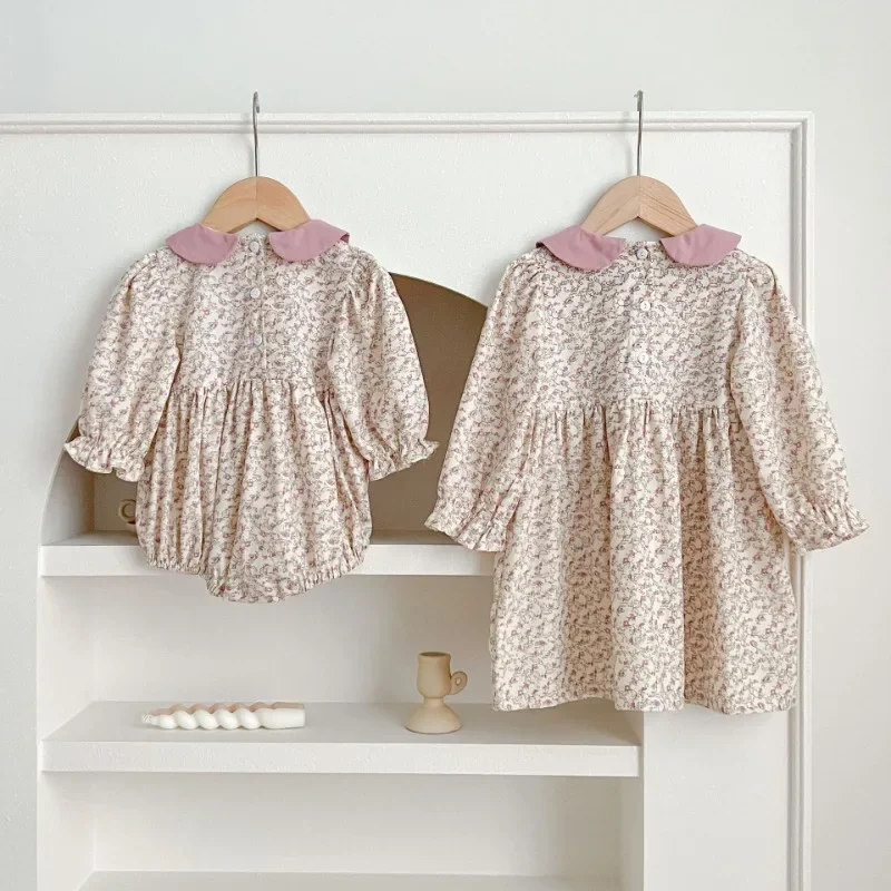 New Spring Autumn Baby Girl Clothes Long Sleeve Lace Flower Dress Baby Romper Princess Dress Famil Matching Sister Outfit H6070