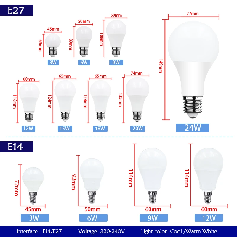 Bombilla LED E14 E27, CA 220V, SMD2835, potencia Real 3W 6W 9W 12W 15W 18W 20W 24W, lámpara de alto brillo