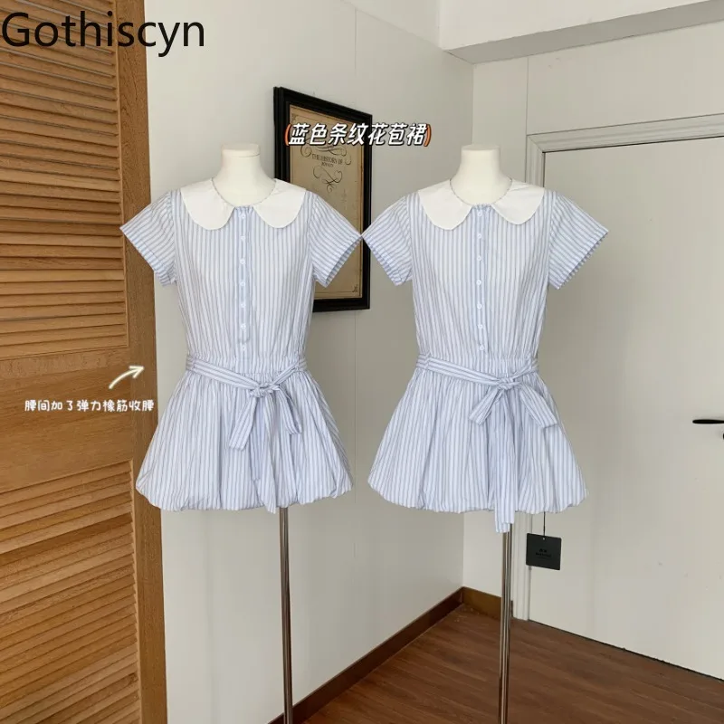 

Gothiscyn Blue Striped Short-sleeved Dress for Women's Summer Lace-up Slim Fit A-line Short Dress Fashion Female Clothes