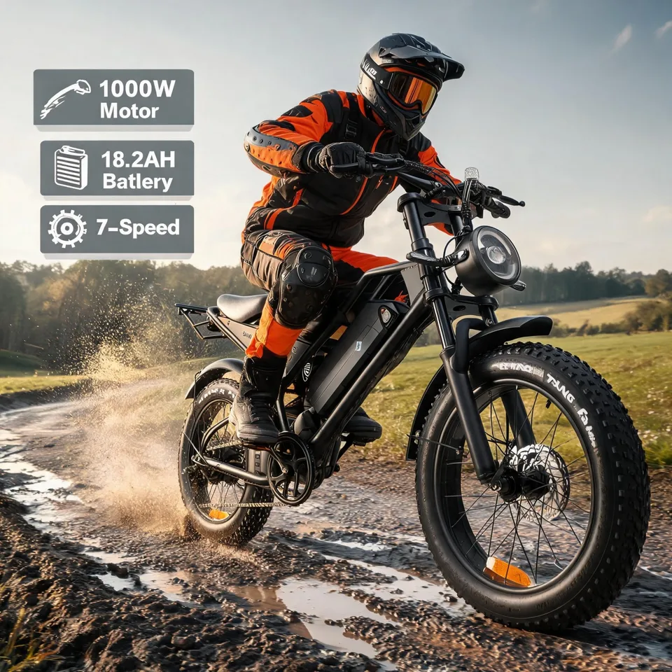 Hunting & Camping Adult Ebike,20" Fat Tire Rugged Terrain Electric Bicycle,1000W 48V 18.2Ah Removable Battery,62 Miles Range,Steel Crankset with Light,Rear Cargo Rack,YL‑61F‑C Display,USA Warehouse 1‑5 Days Delivery,Gift for Hunter image 2