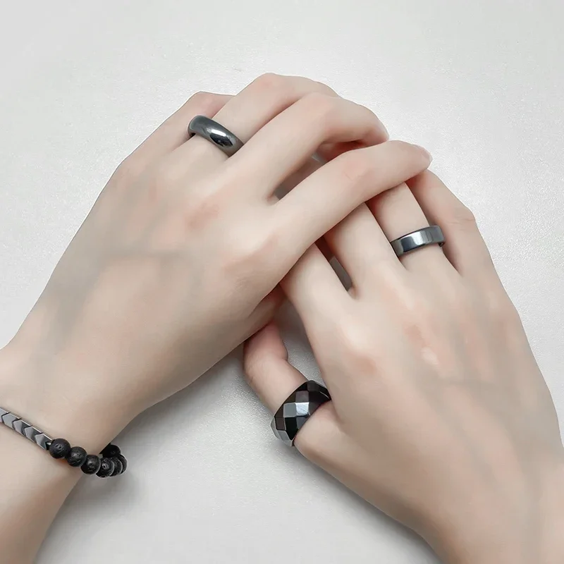 Fashion Hematite Rings For Women Men 4/6/10mm Width Flat/Faceted/Plain Black Non-magnetic Couple Natural Stone Ring Wholesale