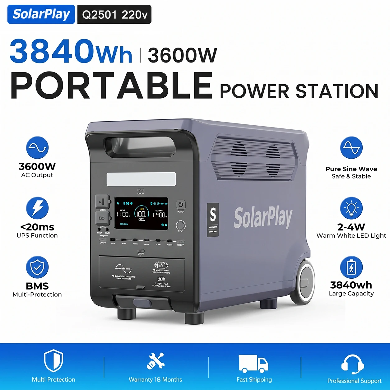 SOLARPLAY Q3600 Tragbares Kraftwerk 3600W Solargenerator 3840Wh LiFePO4-Batterie Home Backup Outdoor Camping Mobile Power