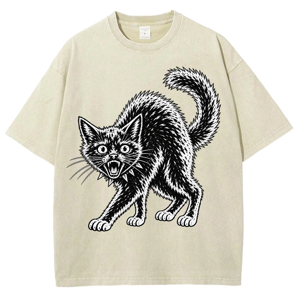 Men T Shirt Angry Black Cat Graphic Vintage Washed Short Sleeve Round Neck Gothic Punk Summer Casual Loose Tops Tees