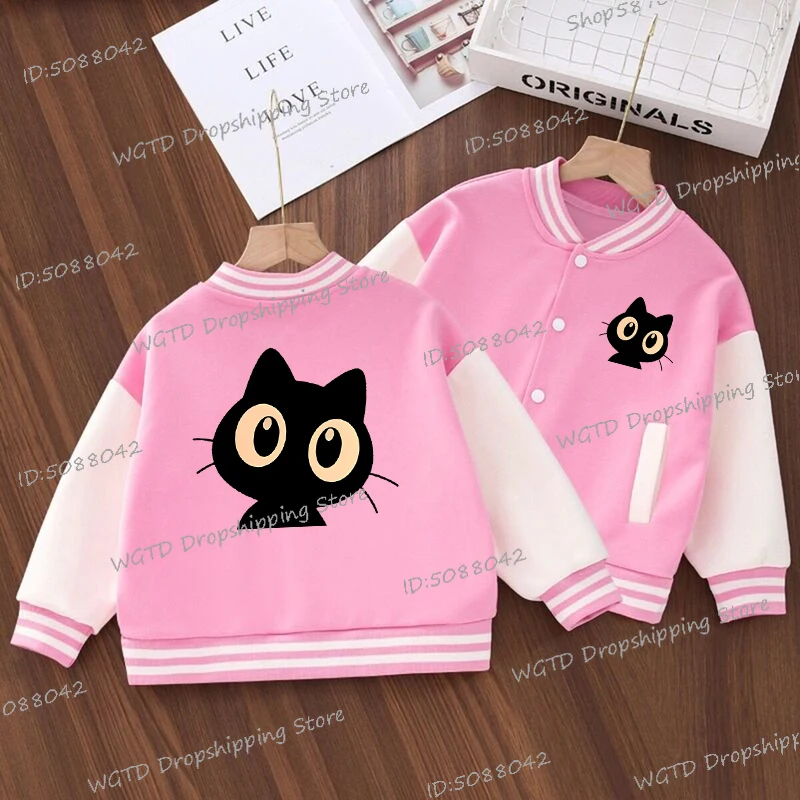 

New Autumn Girls Boys Clothes Cartoon Cat Print Children Jacket Toddler Fashion Sportswear Fun Kitten Kids Baseball Uniform