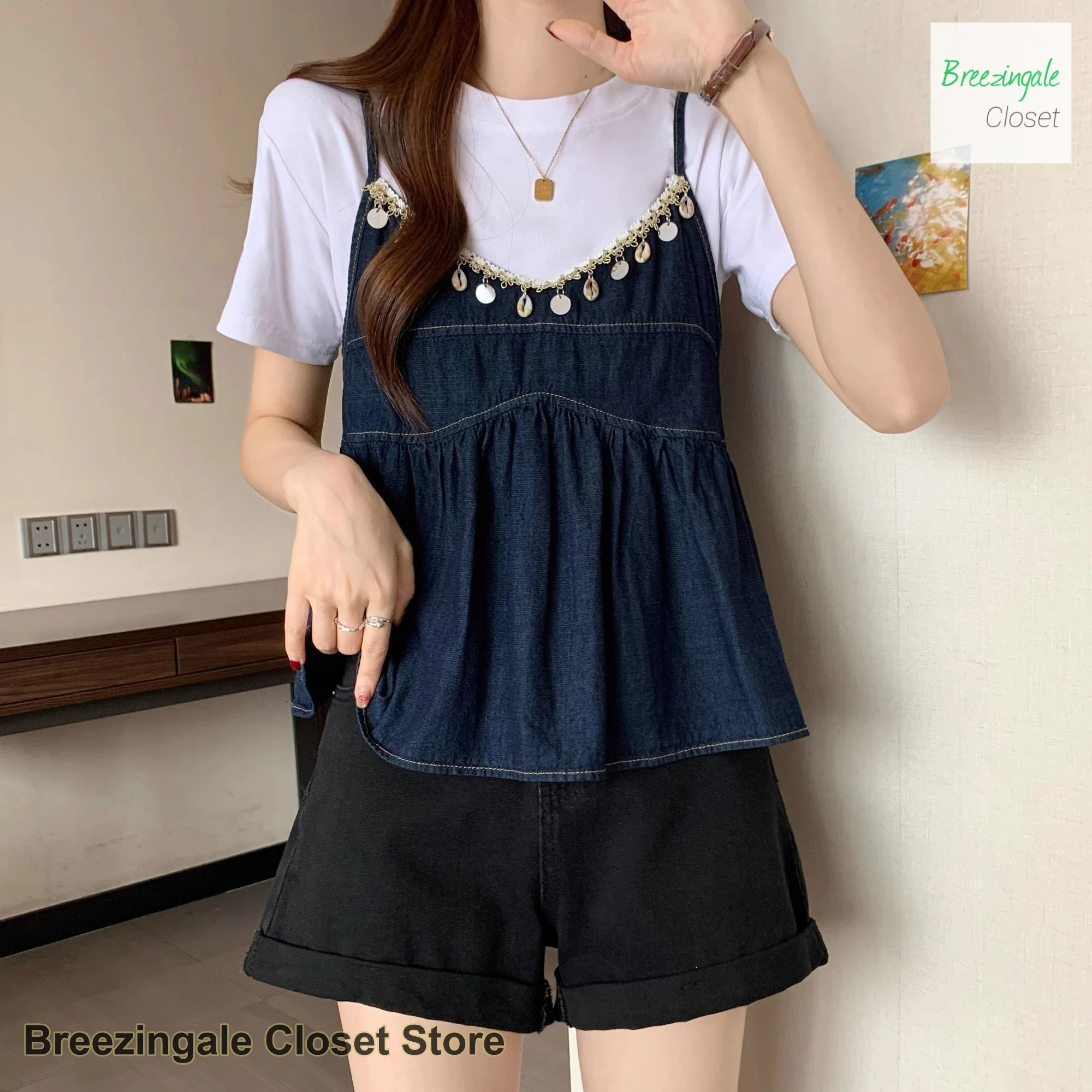 Korean temperament fake two-piece sling splicing short-sleeved shirt women's summer new loose plus size doll shirt short clothes