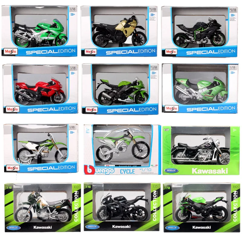 Maisto 1/18 Scale Kawasaki Ninja ZX9R ZX10R ZX12R H2R KLR 650  KX 450F  ZX10 RR Motorcycle Model Diecast Bike Toy Vehicles