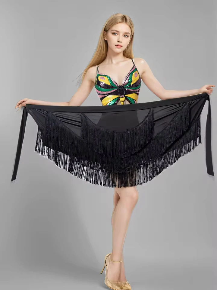 Jupe de danse latine courte, imprimé léopard, à paillettes scintillantes et franges, style portefeuille, pour la scène, costume de salle de bal, tenue d'entraînement, noire