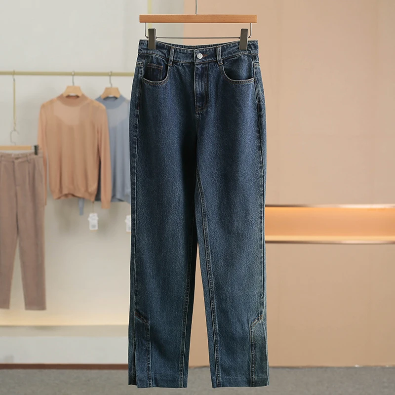 

High Waist Straight Leg Slit Design Denim Jeans Containing Lyocell Spring New Arrival Women's Fashion Nine Points Zipper Closure