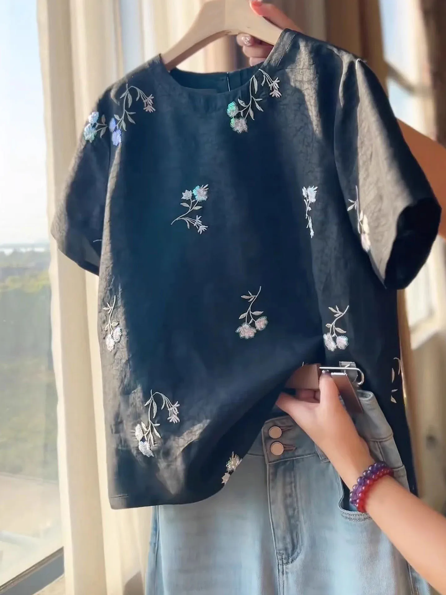 

Новая летняя блузка с вышивкой и цветовыми блоками в китайском стиле, стандартный крой, корейская версия