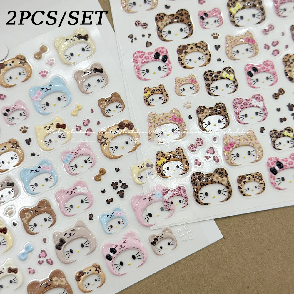 2pcs 5D Kawaii Leopard Print KT Hat Hello Kitty Nail Stickers Big-Thumb Hello Kitty Nail Decals DIY Autumn Winter Nail Supplies-