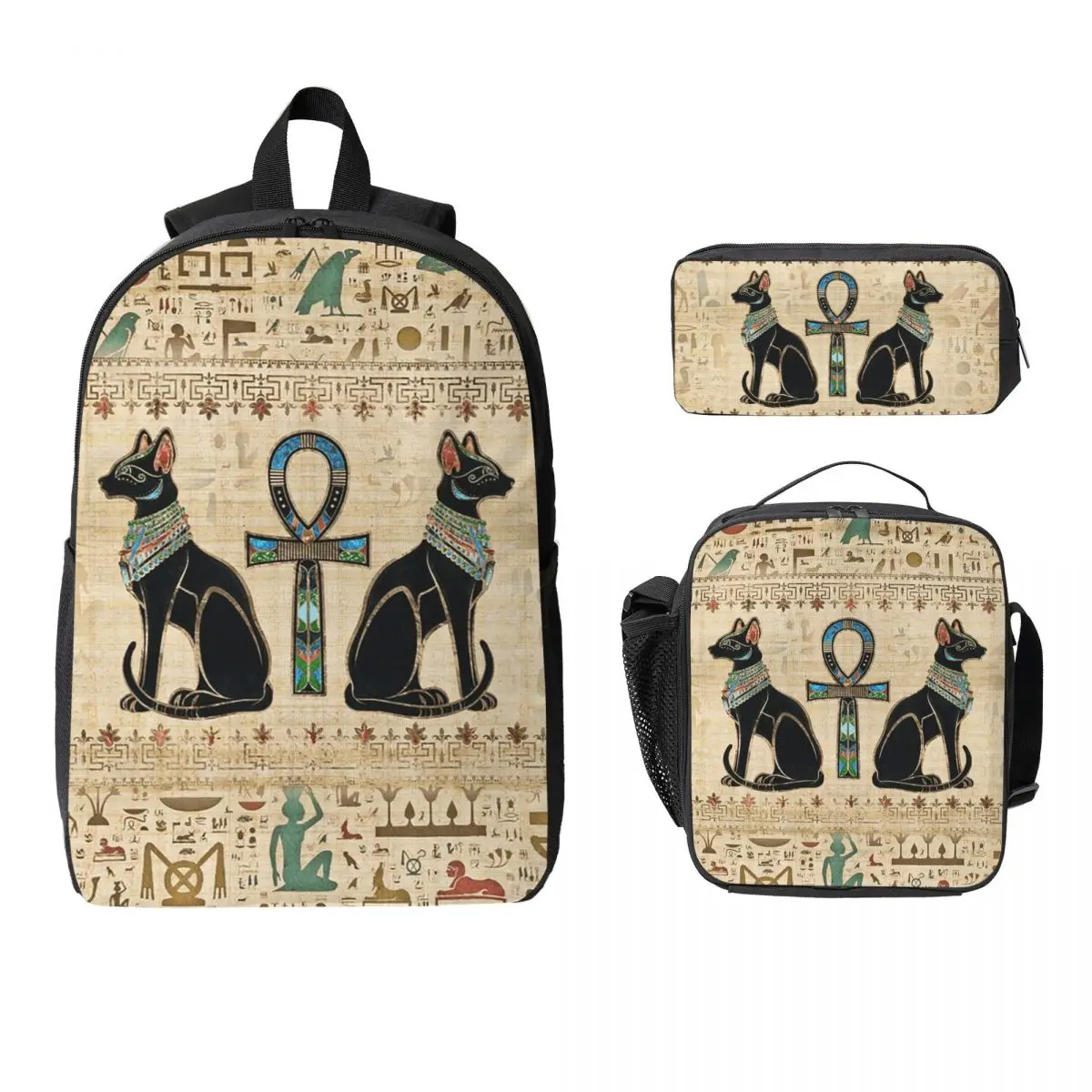 

Egyptian Cats And Ankh Cross Backpack Boys Girls BookBag School Bag Computer Shoulder Bags 3ps Insulated Lunch Bag Pencil Case