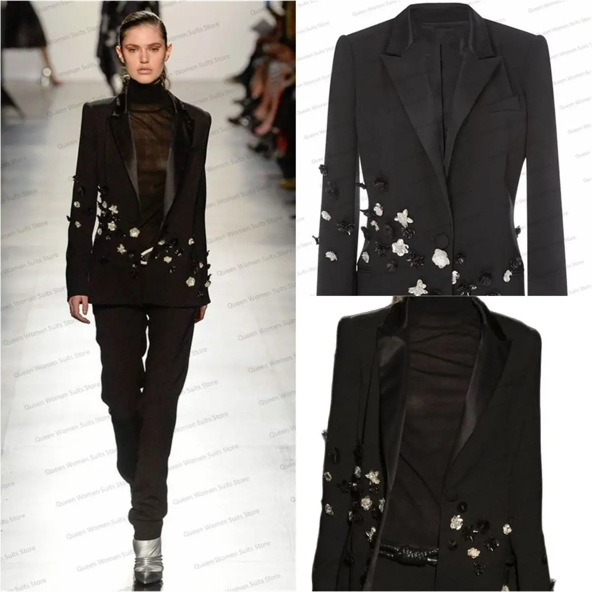 Catwalk Black Women Suit Blazer+Pants 2 Pieces Wedding Tuxedo 3D Flower Appliqued Autumn Prom Dress Custom Made Jacket Coat