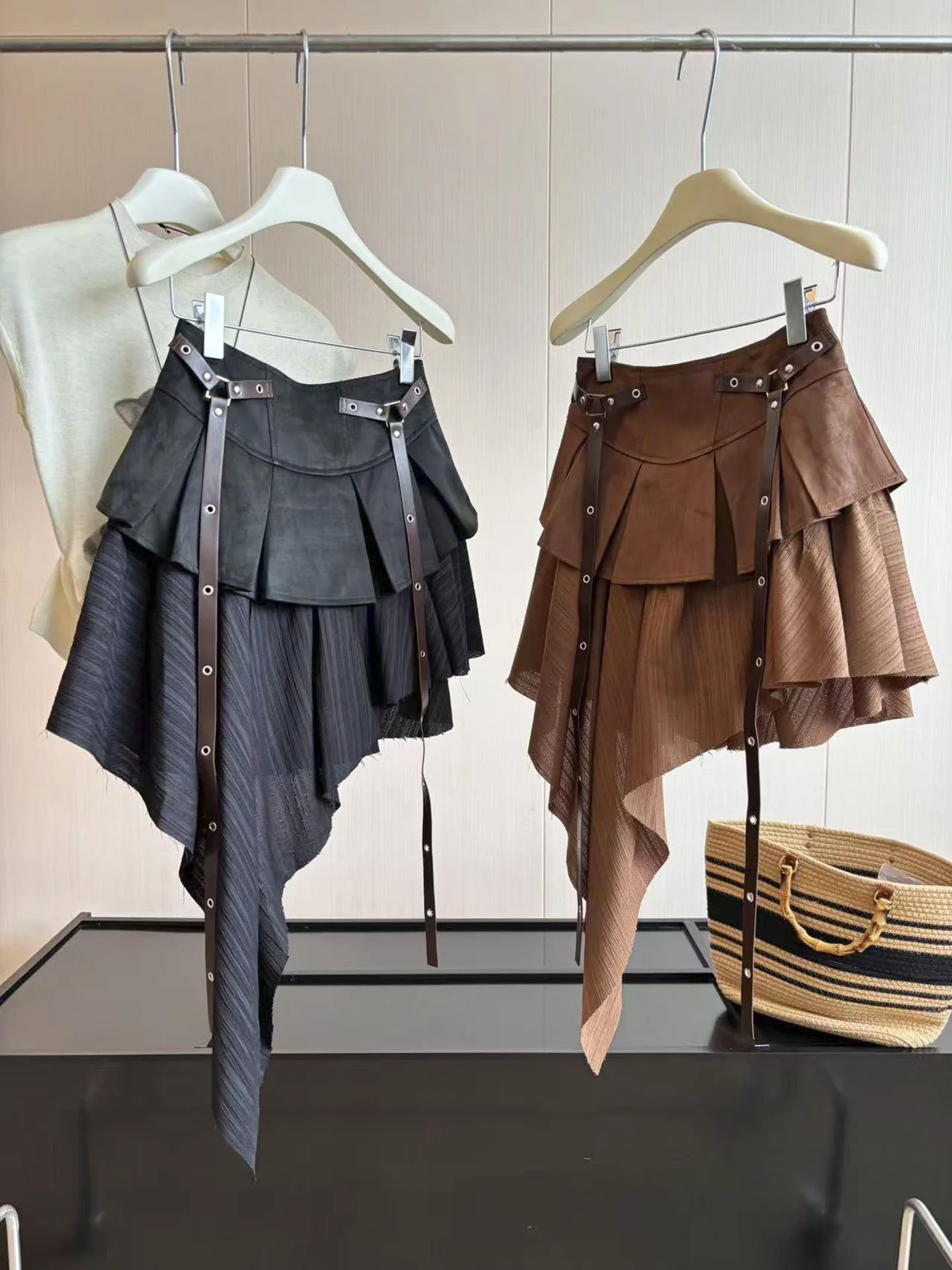 Retro Patchwork Sash Asymmetrical High Waist Women's Short Skirt Autumn Season Design Sense Suede Fabric Ladies Skirts