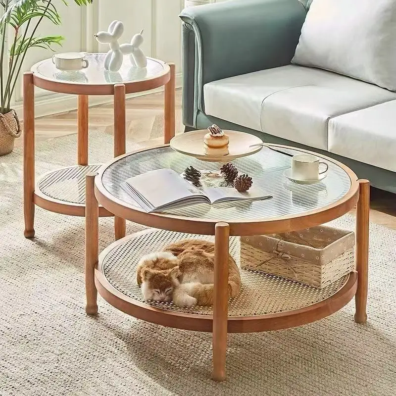 

Nordic round glass coffee table combination household small apartment living room rattan creative coffee table